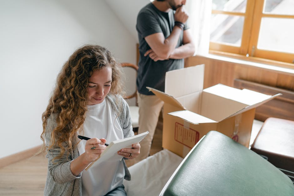 A young woman with shoulder-length blonde hair, wearing a casual grey t-shirt and blue jeans, is standing indoors next to several stacked cardboard moving boxes. She is holding a notepad and pen, appe